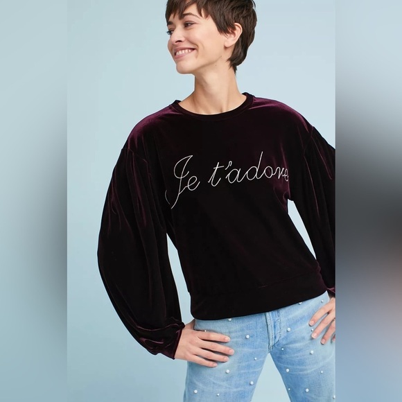 Misa Los Angeles Velvet Embroidered Je T’Adore Velvet Balloon Sleeve Sweatshirt - Picture 4 of 9